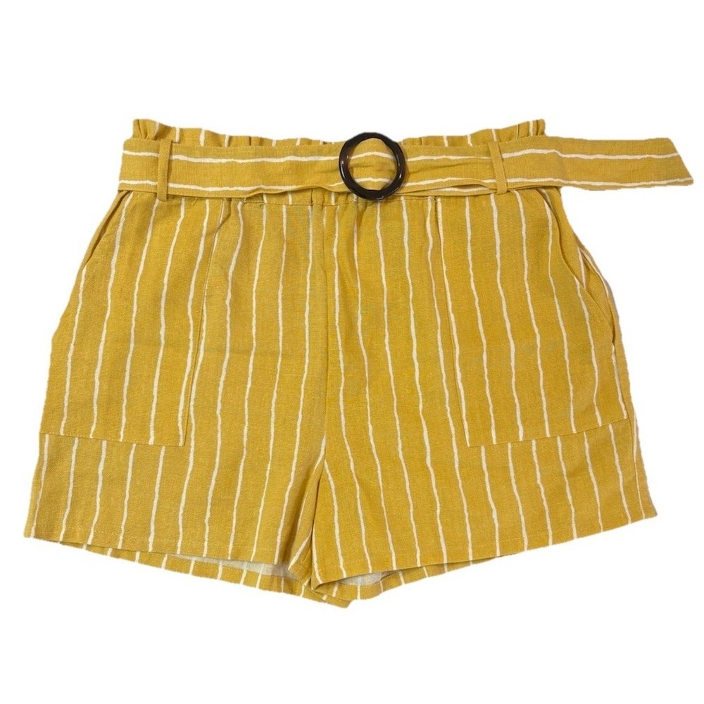 NWT Sans Souci Yellow White Striped Linen Blend Paperbag Shorts Size Large LG